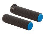 Comfortable black motorcycle handlebar grips with blue end caps for enhanced control and style.