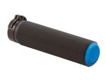 Black motorcycle handlebar grip with blue end cap for Revelry Motorcycles.