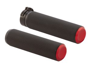 Black motorcycle handlebar grips with red end caps for Revelry Motorcycles.