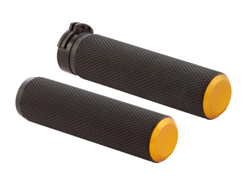 Knurled Fusion Handgrips - Gold. Fits Big Twin 2008-2024 with Throttle-by-Wire Rubber motorcycle handlebar grips for Revelry Motorcycles. Enhance grip and control on your bike.