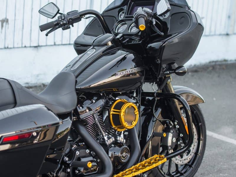 High-performance Harley-Davidson motorcycle with custom black and gold detailing.