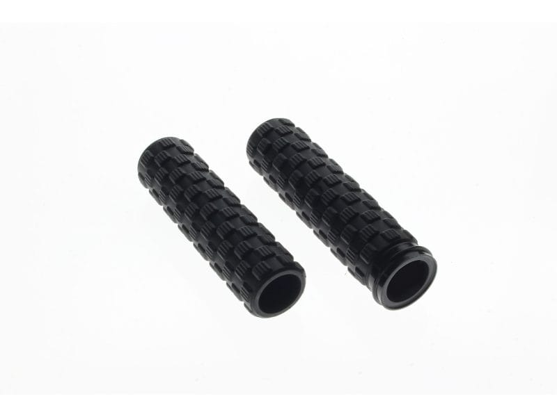 Rubber motorcycle handlebar grips, black, textured for improved grip and control.