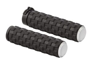 Rubber motorcycle handlebar grips, black textured non-slip design for Revelry Motorcycles.