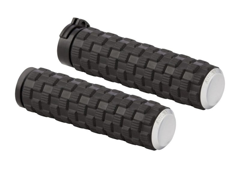 Rubber motorcycle handlebar grips, black textured non-slip design for Revelry Motorcycles.