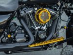 Vivid black motorcycle engine with gold accents and custom detailing, showcasing high-performance parts and alloy components.