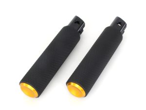 Black textured motorcycle hand grips with gold accents for Revelry Motorcycles.