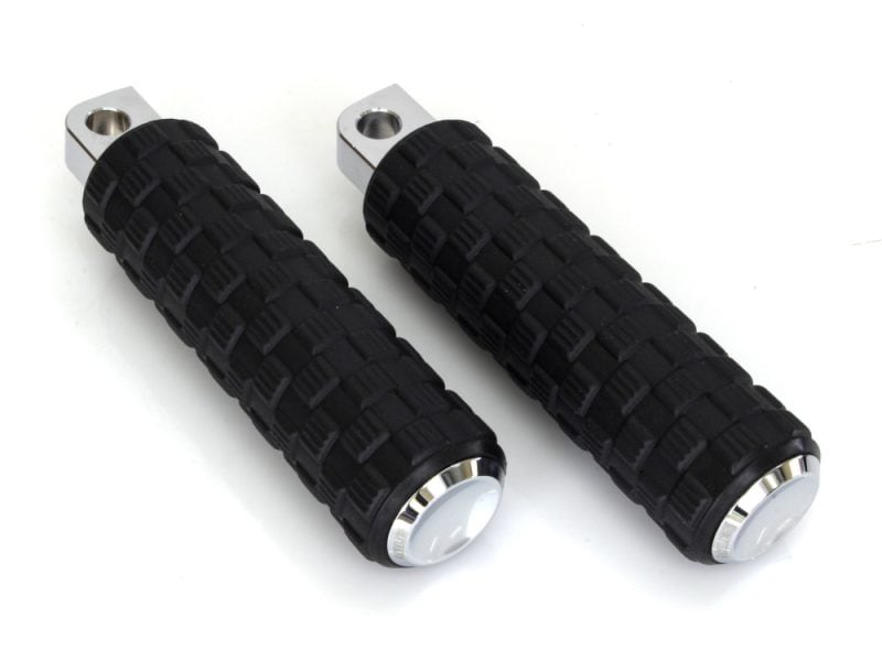 Air Trax Footpegs - Chrome. Black motorcycle handlebar grips with textured rubber surface for enhanced control.