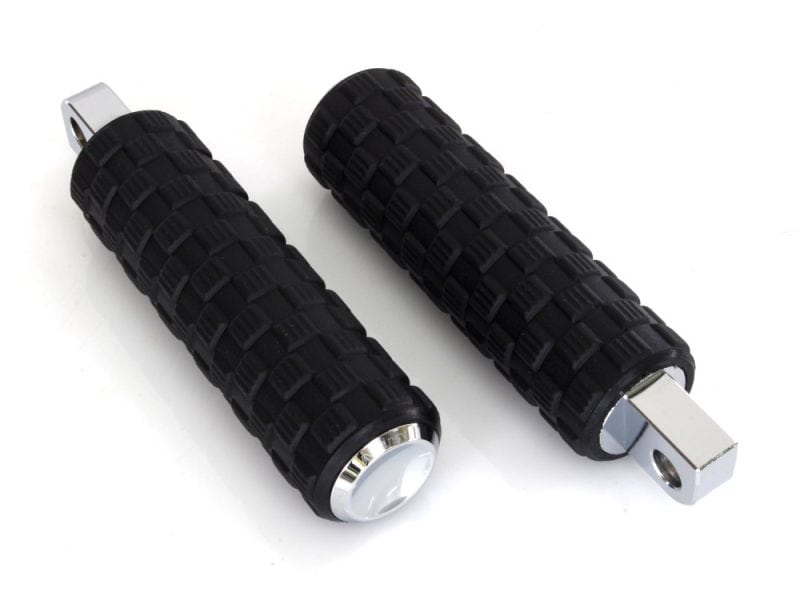 Aluminium motorcycle footpegs with durable rubber grips for Revelry Motorcycles.
