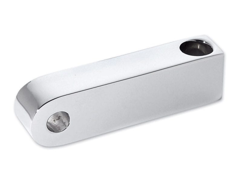 Chromed motorcycle handlebar lock, sleek and durable for Revelry Motorcycles.