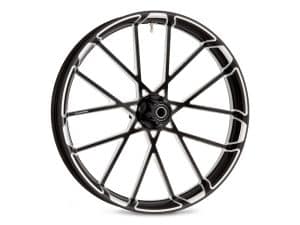 Modern black motorcycle wheel with white LED accents for Revelry Motorcycles enthusiasts.
