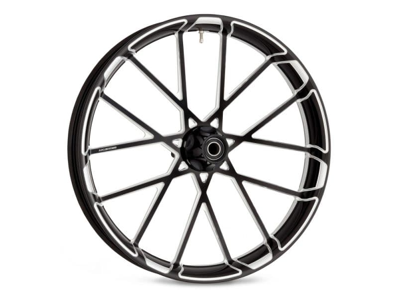 Modern black motorcycle wheel with white LED accents for Revelry Motorcycles enthusiasts.