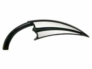 Aero motorcycle windshield with a sleek black and clear design for Revelry Motorcycles.