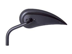 Black motorcycle handlebar mirror with aerodynamic design and adjustable arm.