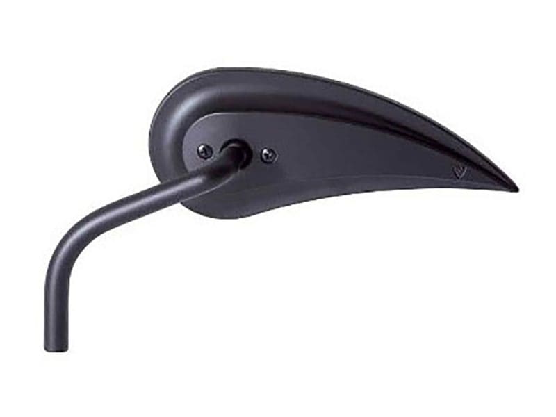 Black motorcycle handlebar mirror with aerodynamic design and adjustable arm.