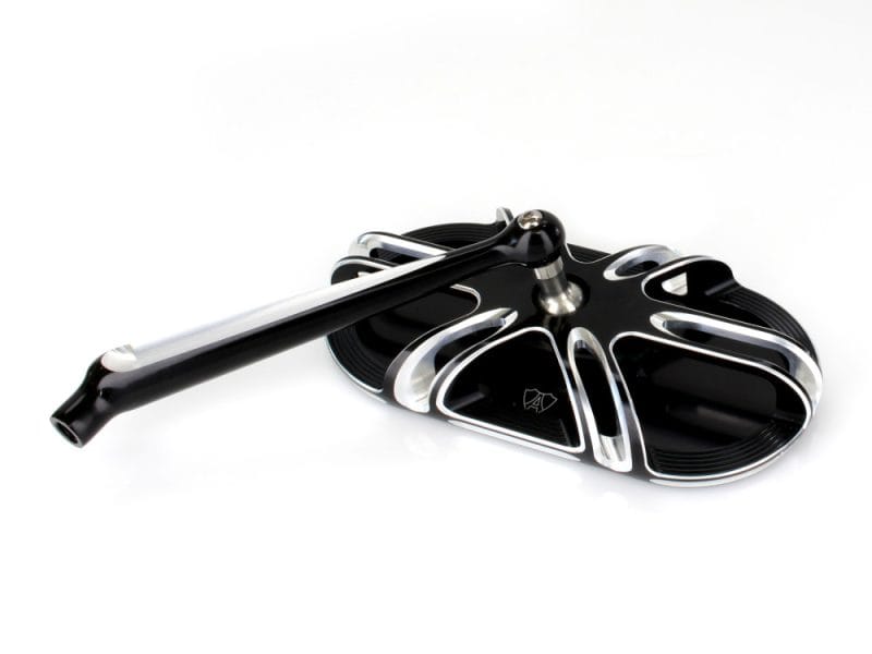 Lightweight motorcycle footboard with sleek black and chrome finish for Revelry Motorcycles.