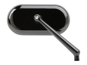 Black motorcycle side mirror with sleek design for Revelry Motorcycles.