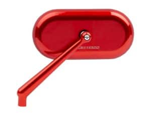 Red motorcycle side mirror with sleek design from Revelry Motorcycles.