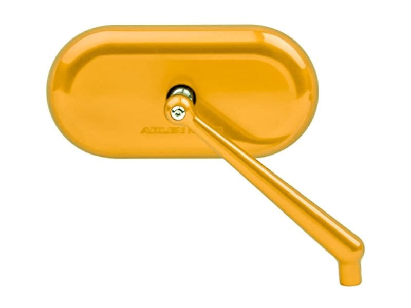 Vivid yellow motorcycle rearview mirror for Revelry Motorcycles, high-quality and stylish design.