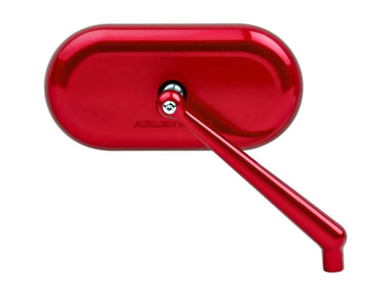 Red motorcycle mirror for Revelry Motorcycles, stylish and durable design.