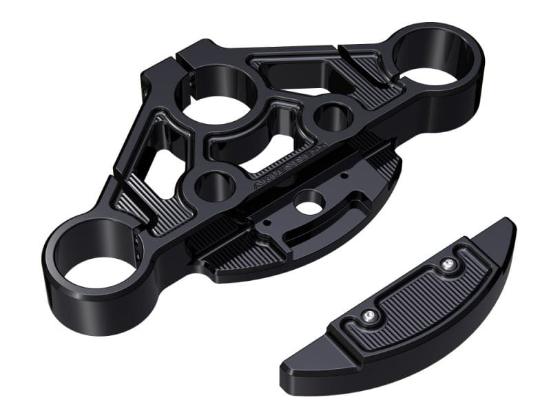 High-quality black motorcycle triple tree fork clamp for custom bikes and upgrades.