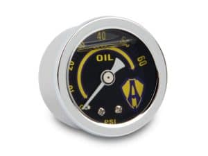 Oil pressure gauge for motorcycles with Revelry Cyclist logo.
