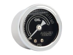 Brushed metal oil pressure gauge for motorcycles, custom motorcycle accessories.
