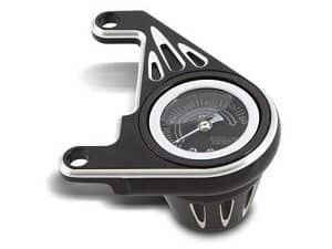 Black motorcycle gear shift indicator with speedometer display for Revelry Motorcycles.