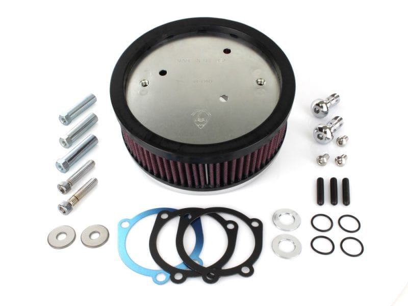High-performance motorcycle air filter with mounting hardware for Revelry Motorcycles.