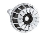 Sleek motorcycle air filter with chrome finish, designed for optimal performance.
