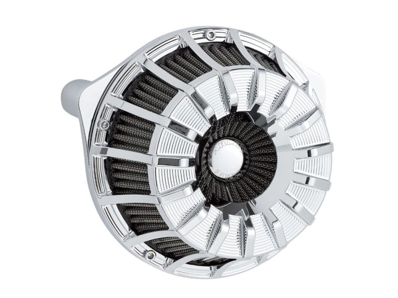 Sleek motorcycle air filter with chrome finish, designed for optimal performance.