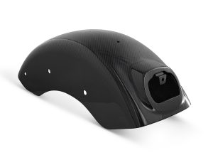 Lightweight black carbon fibre motorcycle rear fender for enhanced style and performance.