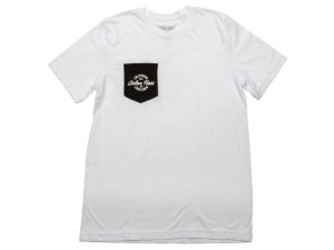 Stylish white T-shirt with black pocket featuring motorcycle-inspired graphic, perfect for motorcycle enthusiasts.