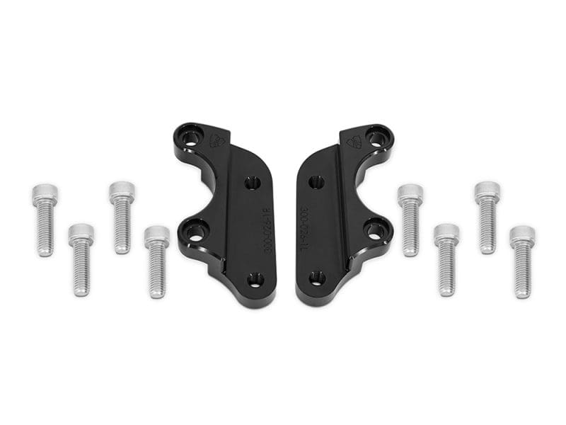 Aluminium motorcycle brake caliper brackets with mounting bolts, compatible with Revelry motorcycles in Australia.