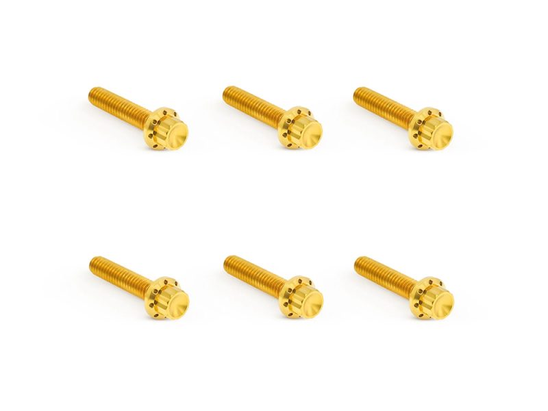 Gold motorcycle axle bolts for Revelry Motorcycles parts and accessories.