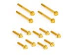 Gold motorcycle wheel axle screws for Revelry Motorcycles, precision aluminium parts.