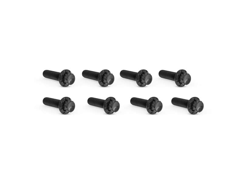Black motorcycle engine screws for Revelry Motorcycles, durable hardware for custom bike builds.