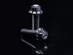 High-quality black motorcycle bolts on a reflective black surface, perfect for custom bike builds.