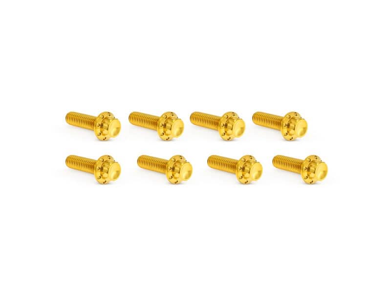 Golden motorcycle screws, high-quality fasteners for custom bikes and motorcycle maintenance.