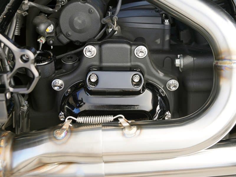 High-performance motorcycle engine components, close-up of Revelry Motorcycles Australia.