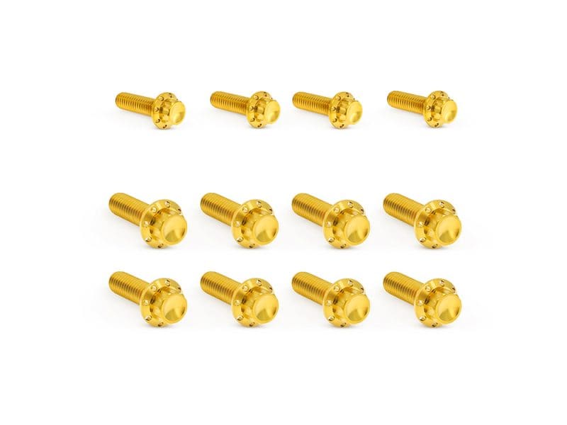 Titanium 12-Point Transmission Side Cover Bolt Kit - Gold. Fits Touring 2017up with Cable Clutch & Softail 2018up Golden motorcycle screws for custom bike builds and repairs. High-quality, durable fasteners for motorcycles and scooters. Ideal for motorcycle enthusiasts.