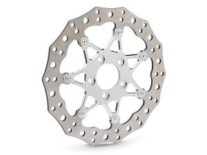 Lightweight motorcycle disc brake rotor for Revelry Motorcycles, high-performance bike part.