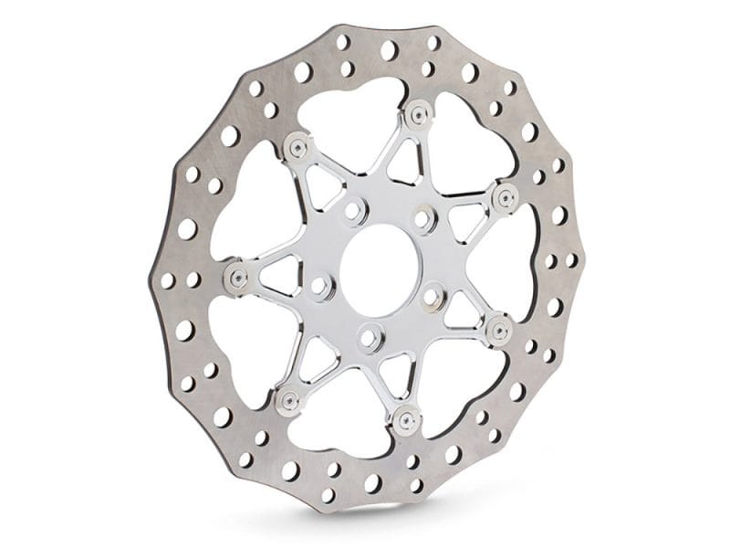 Lightweight motorcycle disc brake rotor for Revelry Motorcycles, high-performance bike part.