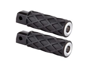 Rubber motorcycle handlebar grips with metal inner rings for Revelry Motorcycles.