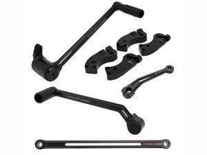 High-quality black motorcycle footpegs, adjustable clutch and brake levers, and mounting hardware for custom Revelry Motorcycles.