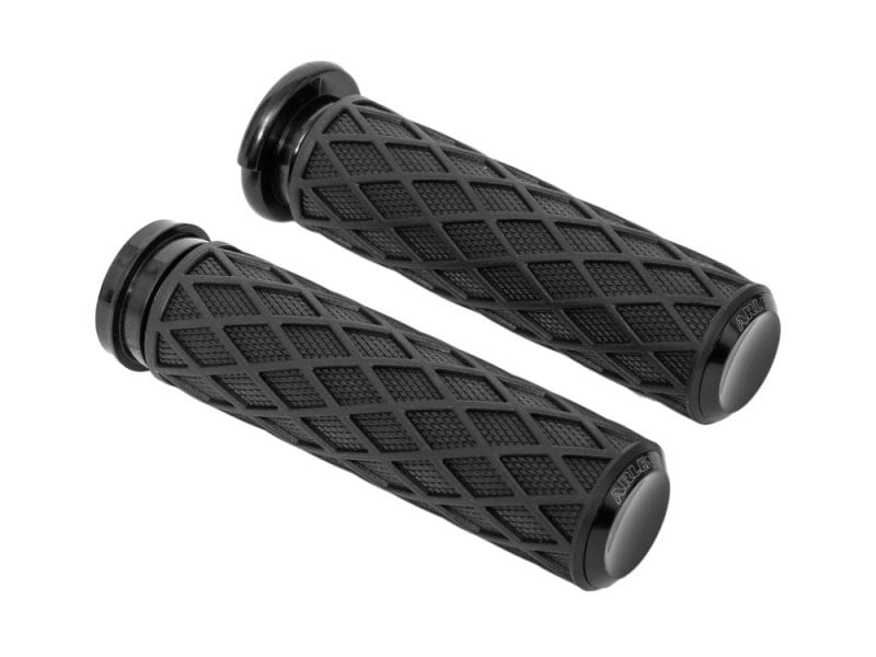 Diamond Handgrips - Black. Fits H-D with Throttle Cable. Rubber motorcycle handlebar grips for Revelry Motorcycles, durable and comfortable.