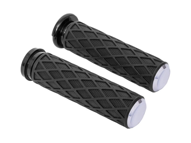 Diamond Handgrips - Chrome. Fits H-D with Throttle Cable. Rubber motorcycle handlebar grips for Revelry Motorcycles.