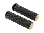Rubber motorcycle handlebar grips for Revelry Motorcycles, black with gold accents, high-quality design.