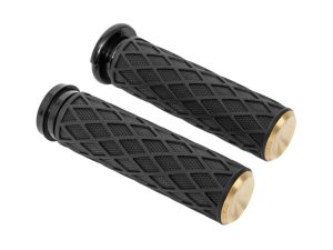 Rubber motorcycle handlebar grips for Revelry Motorcycles, black with gold accents, high-quality design.
