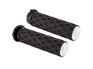 Rubber motorcycle handlebar grips with textured grip surface.