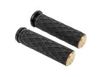 Black motorcycle handlebar grips with diamond-texture design and gold end caps for Revelry Motorcycles.